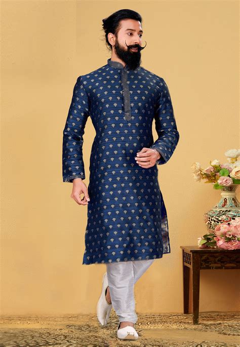 Navy Blue Jacquard Silk Kurta Pajama 240104