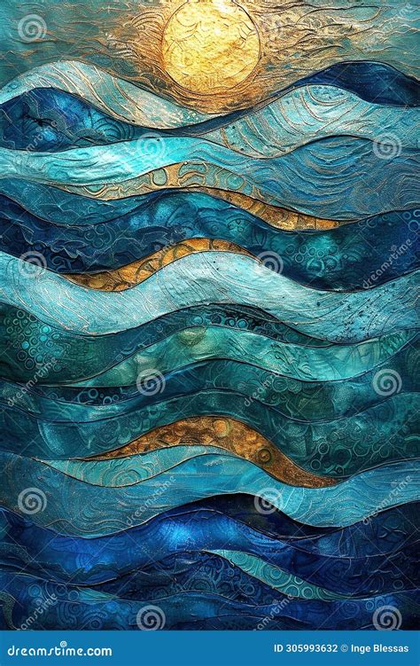 Stylistic Textured Ocean Waves In Blue And Gold Stock Illustration