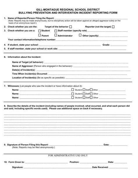 Sample Bullying Prevention And Intervention Incident Reporting Form