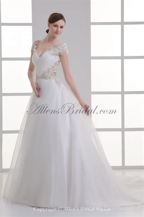 Allens Bridal Organza V Neckline Ball Gown Sweep Train Embroidered