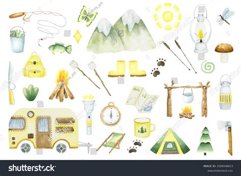 Set Watercolor Camping Camping Set Vector Stock Illustration 2184546613