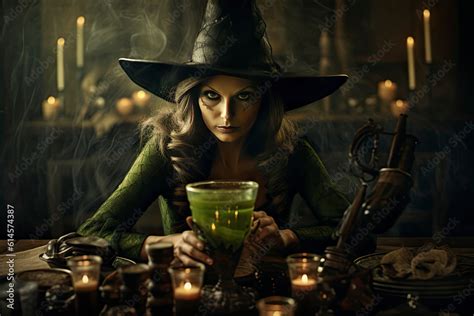 Young gothic woman in a black witch hat casting spells with spooky ...