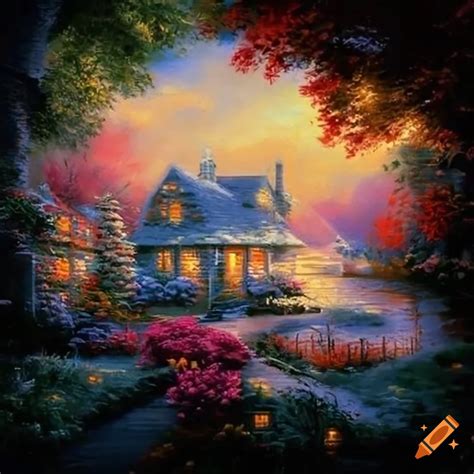 Enchanted Forest With Blossoming Trees And A Distant Old House In A