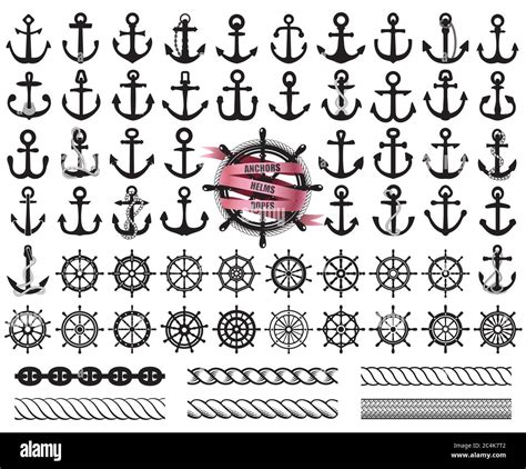 Set Of Anchors Rudders Icons And Ropes Vector Illustration Stock