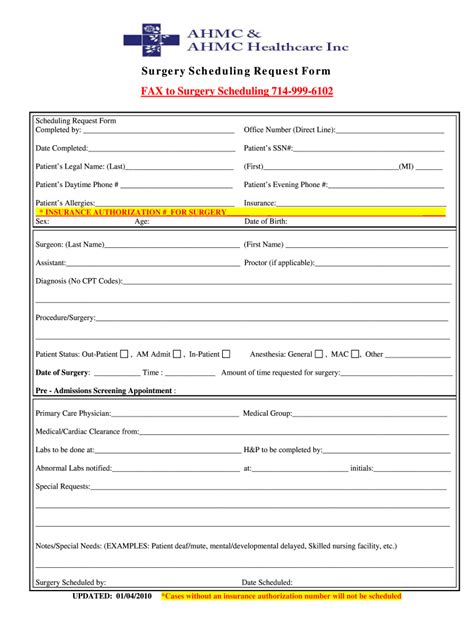 Surgery Scheduling Request Form Anaheim CA Regional Fill Out And Sign