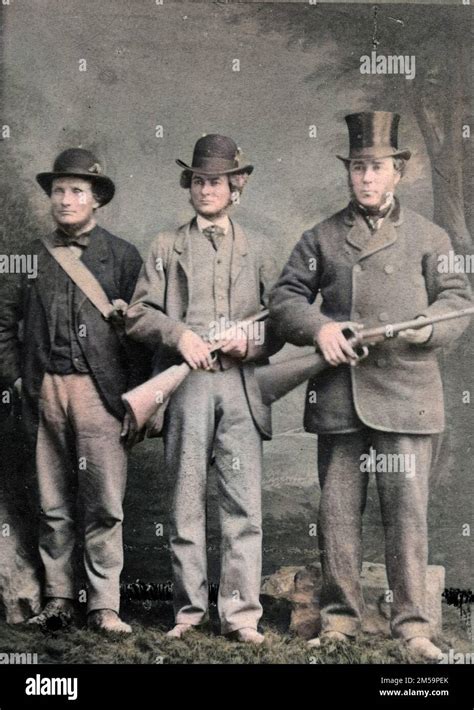 Vintage colourised photograph, Three men with shotguns, hunting, hunters, bowler and top hat ...