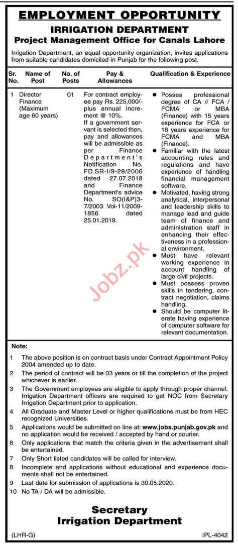 Irrigation Department Pmo Office For Canals Lahore Jobs Job