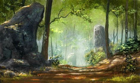 a painting of a forest with rocks and trees