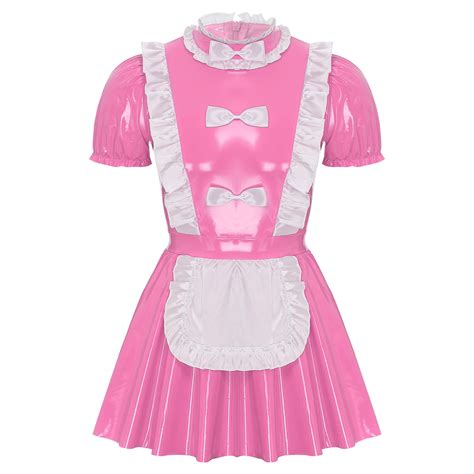 Gay Mens Sissy Maid Dress Ruffles Trims Patent Leather Naughty Maid