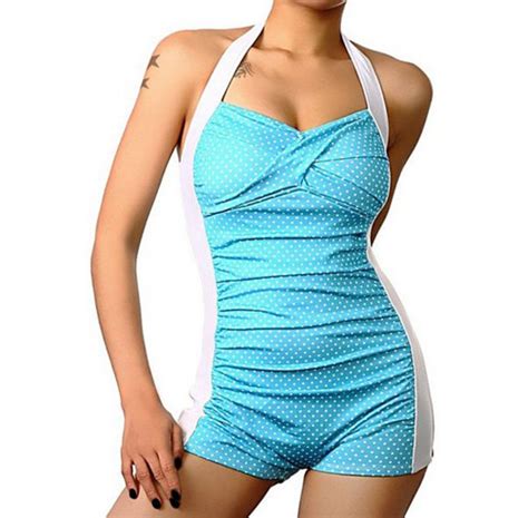 Light Blue And White Dotted One Piece Boy Short Retro Pinup Swimsuit One Piece Swimwear