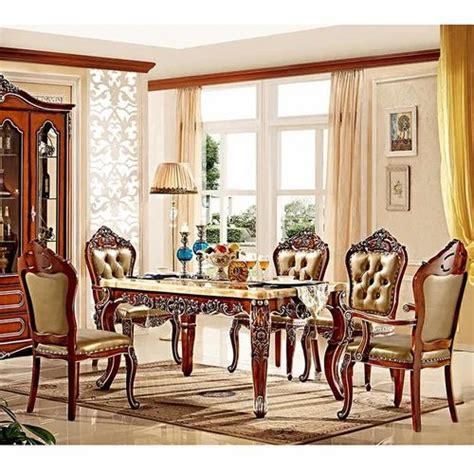 Rectangular Royal Brown Wooden Carved Dining Table Set For Home