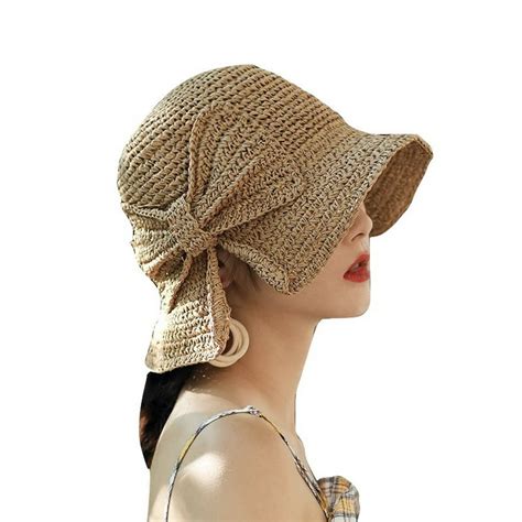 2019 Women Sun Straw Hat Retro Woven Bow Sun Cap Bucket Hat