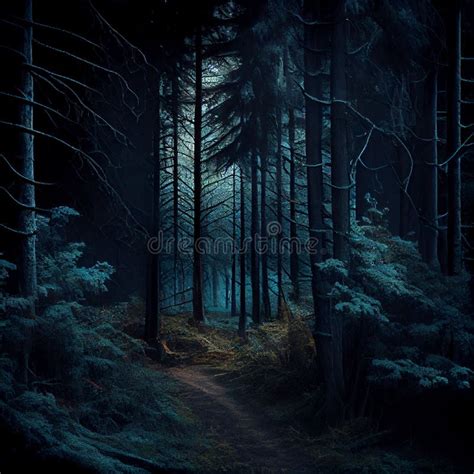 Ai Generated Hyper Realistic Illustration Of Dark Forest With Pine