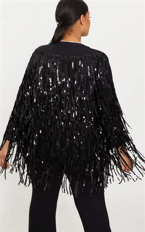 Plus Black Sequin Fringed Jacket Plus Size Prettylittlething Usa