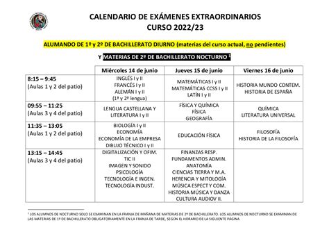 Calendario de exámenes extraordinarios de Bachillerato 14 15 y 16 de