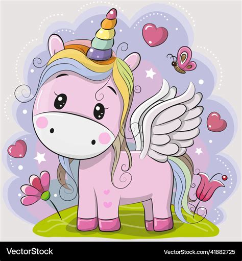 Cartoon pink unicorn on the meadow Royalty Free Vector Image