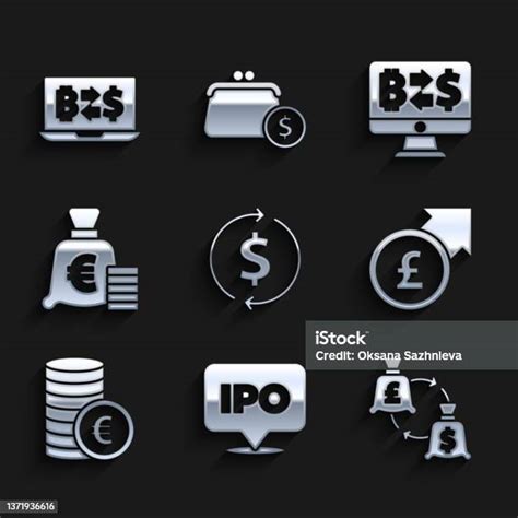 금융 성장과 달러 Ipo 환전 파운드 유로 기호 암호 화폐 및 아이콘과 동전 돈을 설정합니다 벡터 개념에 대한 스톡 벡터 아트