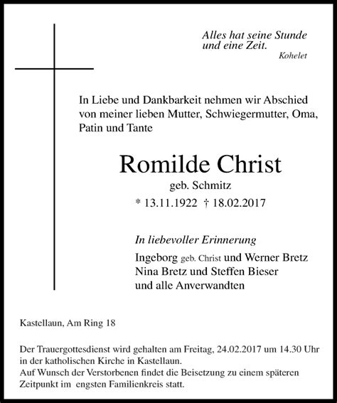 Traueranzeigen Von Romilde Christ Rz Trauer De