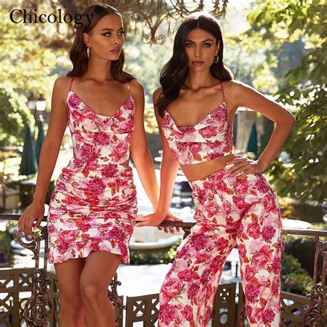 Chicology Floral Print 2 Two Piece Matching Set Crop Top Women Sexy