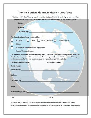 Fillable Online Central Station Alarm Monitoring Certificate All