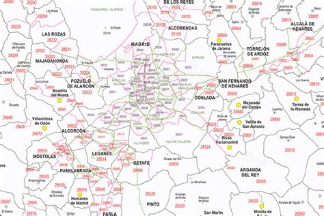 Map of madrid autonomous community with municipalities and postal codes