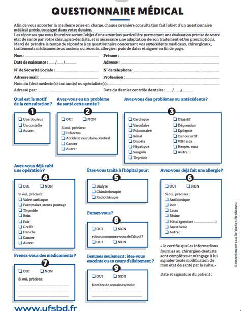 QUESTIONNAIRE MÉDICAL UFSBD