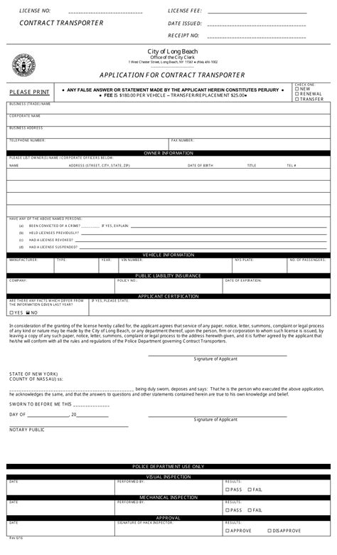 City Of Long Beach New York Application For Contract Transporter