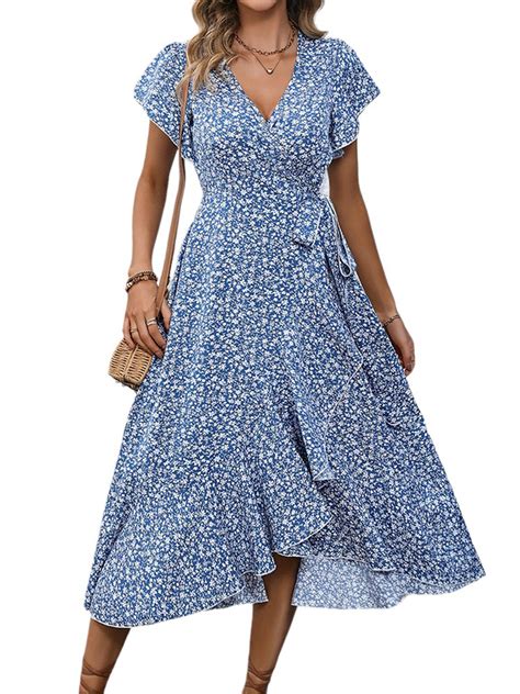 Dymade Women Summer Floral Print V Neck Short Sleeve Belted Ruffle Midi