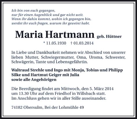 Traueranzeigen Von Maria Hartmann Trauerundgedenken De