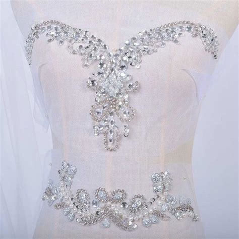 Bling Beaded Applique V Neck Rhinestone Sequin Trim Bridal Applique