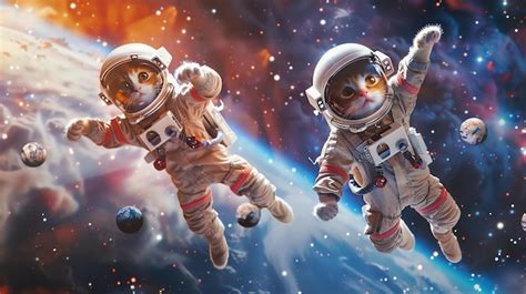 Two Cats In Astronaut Suits Are Floating In Space With Planets In The