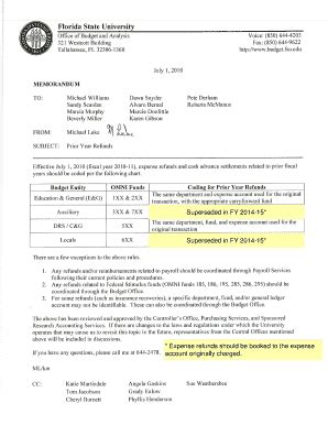 Fillable Online Budget Fsu Prior Year Refunds Memo Budget Fsu Fax