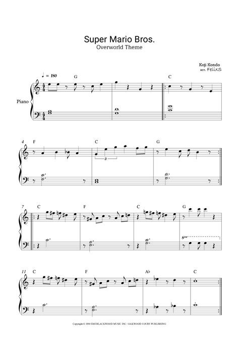 Super Mario Bros Theme Arr Felixs Sheet Music Koji Kondo Easy Piano