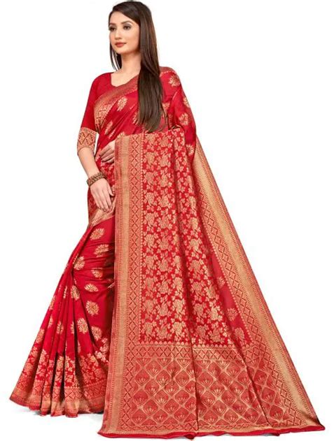 Buy Leeza Store Women S Red Silk Blend Jacquard Woven Ethnic Motifs