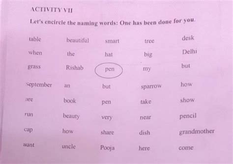 Activity Viilets Encircle The Naming Words One Has Been Done For You