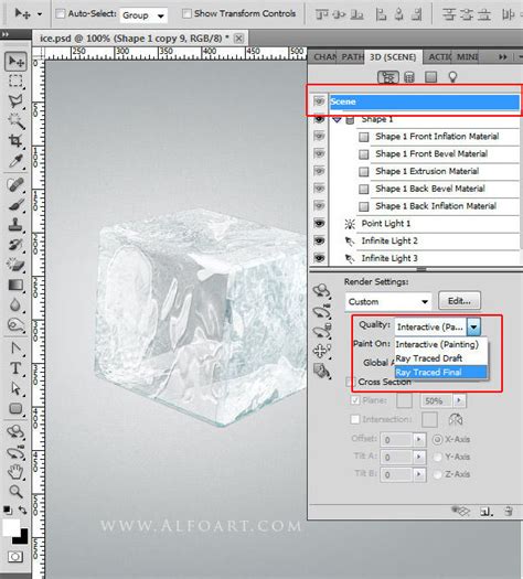 Ice cube 3D photoshop tools tutorial. 3D scene ice cube and cherry ...