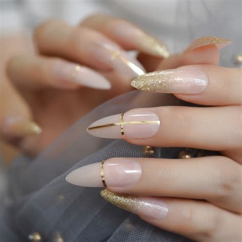 Uv Gel Cover False Nails Gold Glitter Nude Ladi S Press On Fingernails