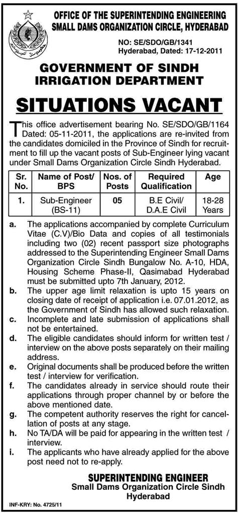 Government Of Sindh Irrigation Department Required Sub Engineers In