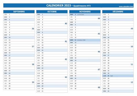 Calendrier pour le 3ème quadrimestre 2023 mois de septembre octobre