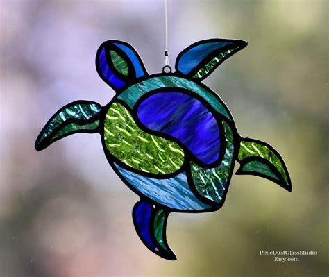 Stained Glass Sea Turtle Suncatcher Abstract Sea Turtle In Ocean Colors Polynesian Style Isl