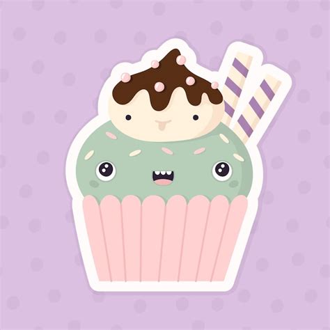 Premium Vector Kawaii Cupcake With Chocolate Cream Sugar Beads Waffle