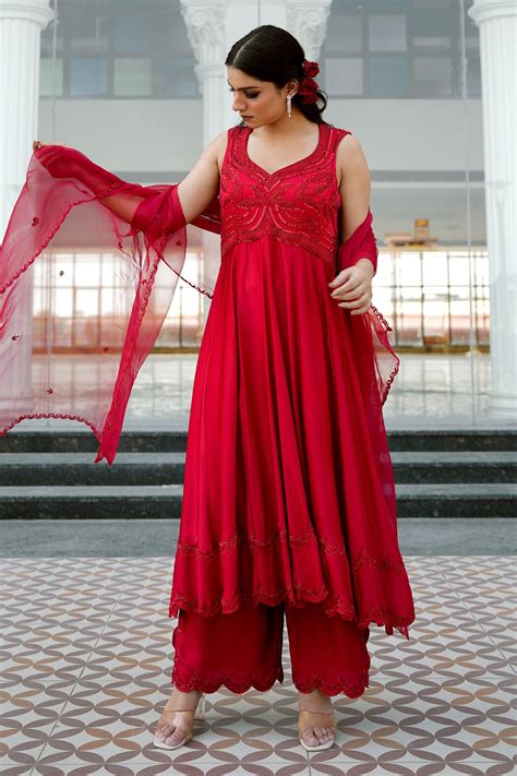 Buy Red Satin Silk Hand Embroidered Cutdana Leaf Yoke Anarkali Palazzo