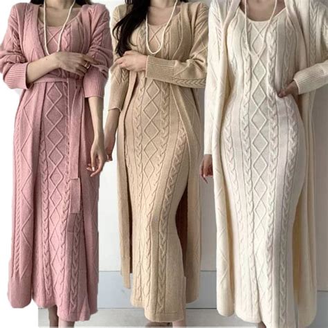 Winter Women Knitted Pieces Set Casual Long Coat Dress Solid Long