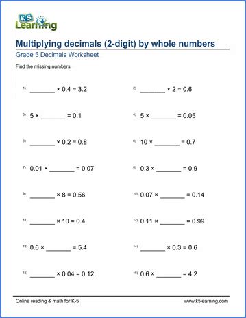 Multiply A Decimal By A Whole Number Worksheet