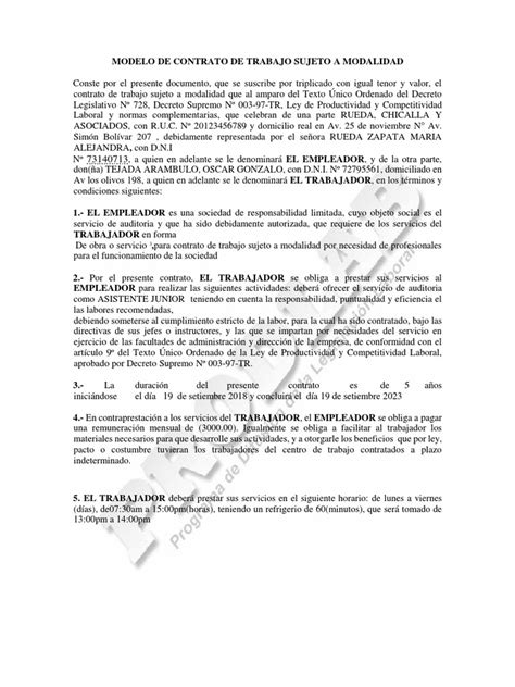 Modelo De Contrato De Trabajo En Perú Labour Law Justice