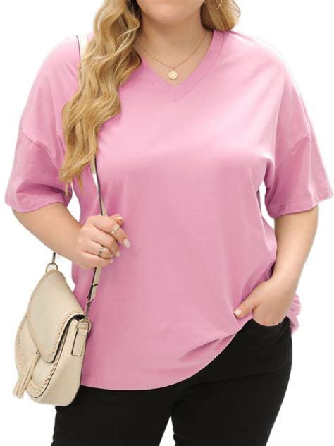 Langwyqu Solid Color V Neck Women Plus Size Casual Tee Shirt Loose Fit