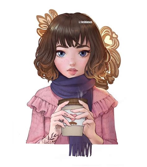 a drawing of a girl holding a coffee cup