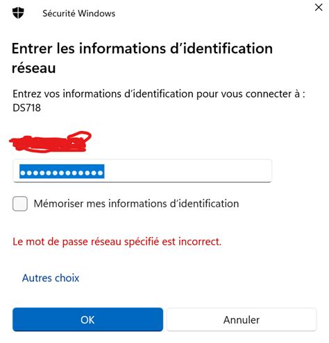 Mot de passe réseau incorrect Installation Démarrage et