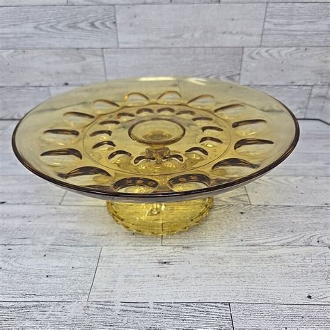 Vintage Hazel Atlas Translucent Thumbprint Gold Glass Raised Footed Cake Stand Etsy