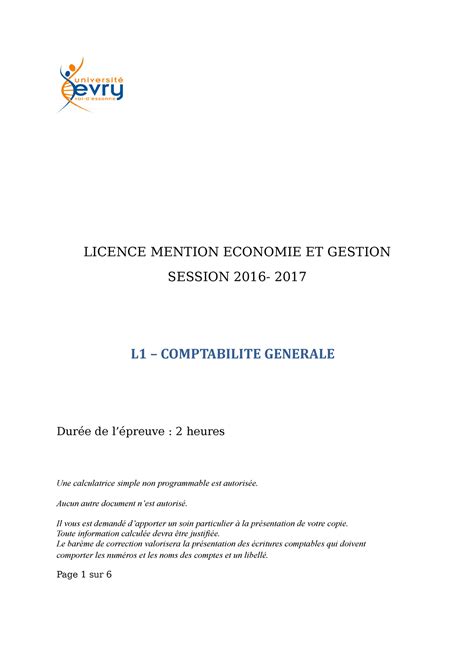 Partiel L Compta Mai Corrig Licence Mention Economie Et